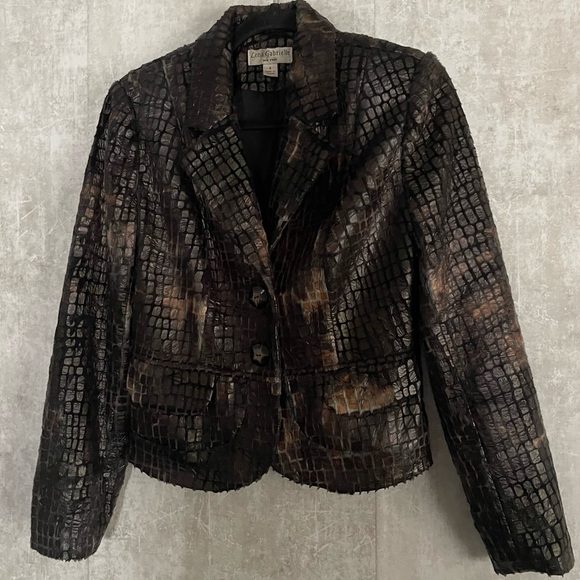 Lena Gabrielle New York Black/Brown Faux Fur Alligator Blazer Jacket Size 4 - Picture 10 of 10